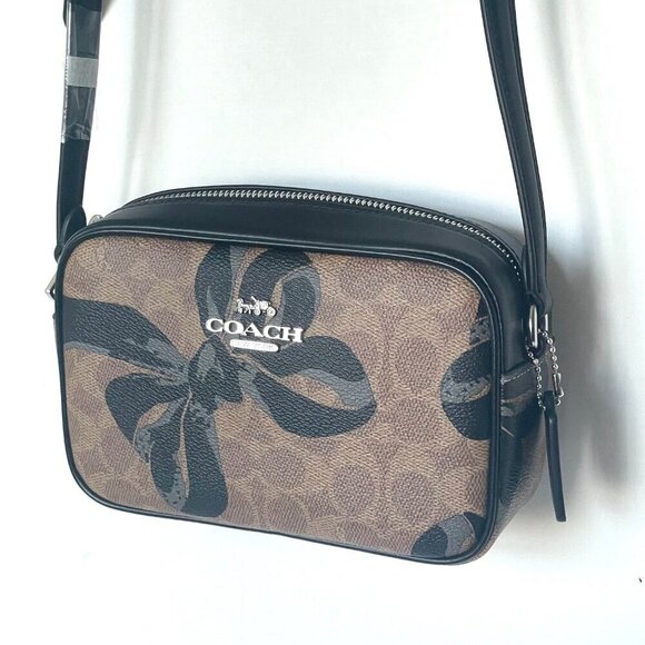 Coach Mini Jamie Camera Bag Black Bow Signature Canvas Brown Crossbody CY778 - Picture 4 of 10
